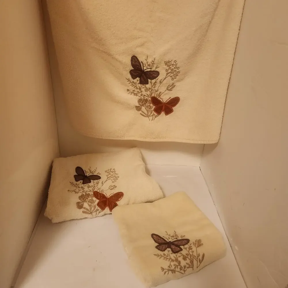 3 piece vintage bath towel trio.  Butterflies Embroidery and Applique